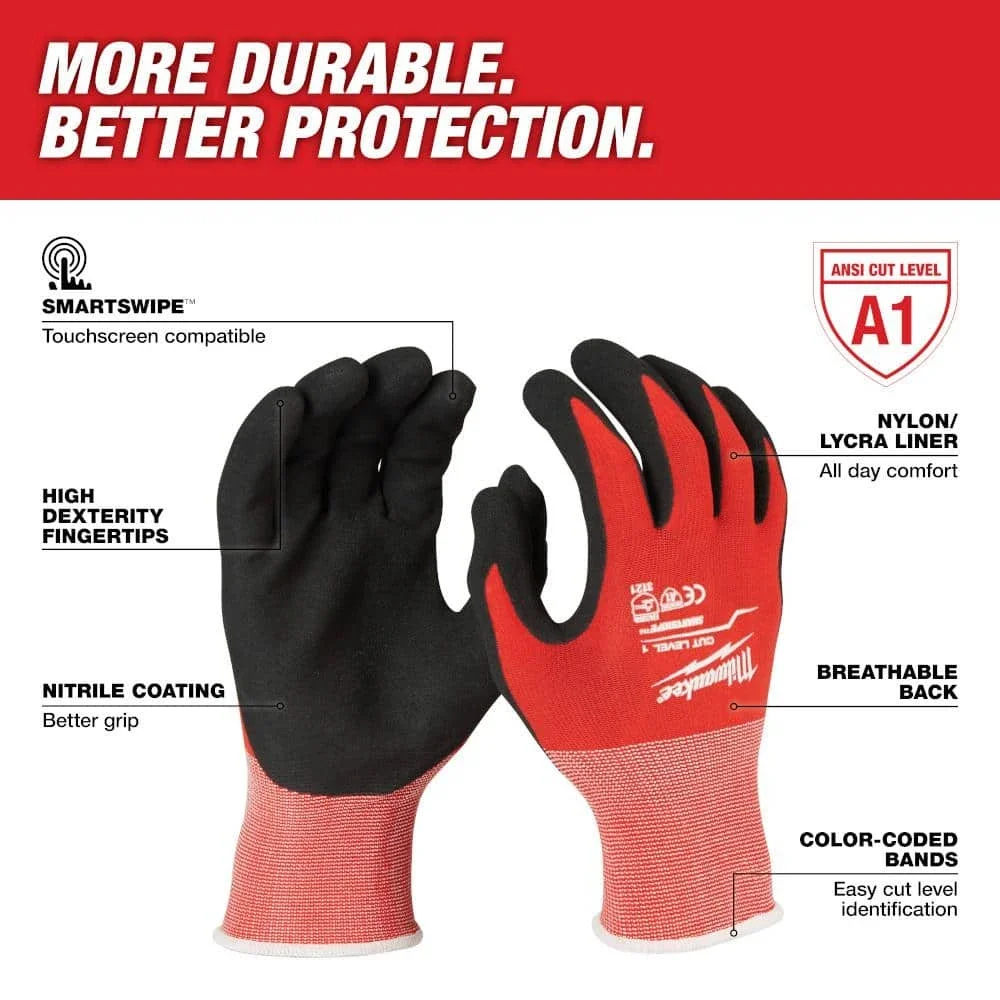 Cut Level 1 Nitrile Dipped Gloves Milwaukee 48-22-8901/48-22-8902/48-22-8903 Cut Level 1 Nitrile Dipped Gloves Tool Accessories