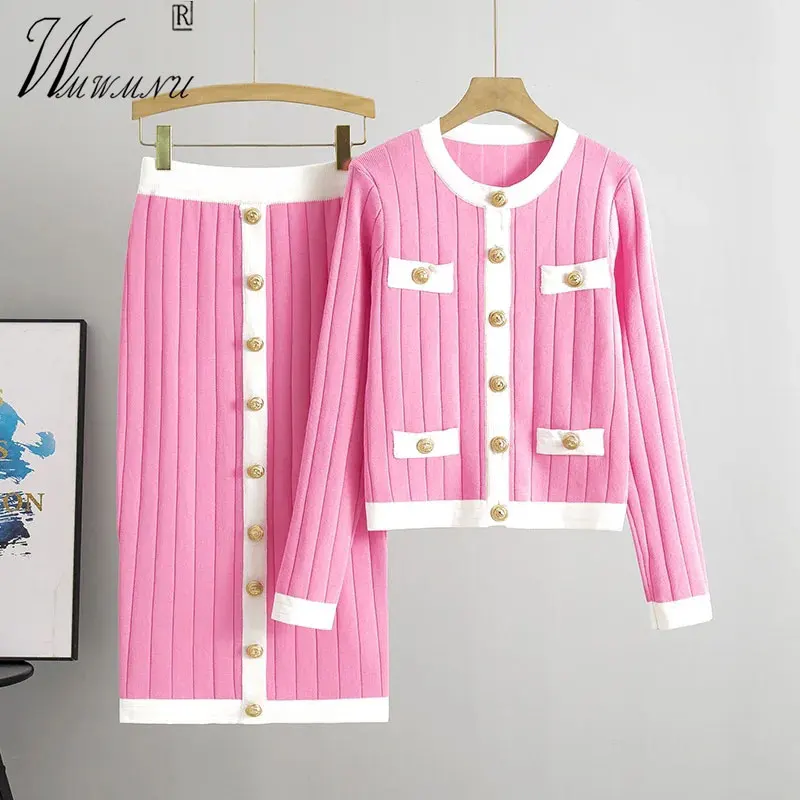 

Elegant Pink Knitted Skirts 2 Piece Sets Slim O Neck Sweater Cardigan Suit Luxury Knitwear Faldas Outfit Fall Korean Conjuntos