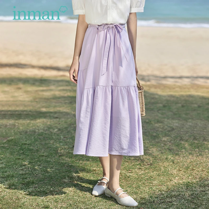 INMAN Women Skirt 2023 Summer Elastic Waist Stitching Strap A-shaped Loose Pleated Design Solid Color Elegant Mid-length Skirt riviera green egg trinket box vintage color of jade green egg shaped trinket box