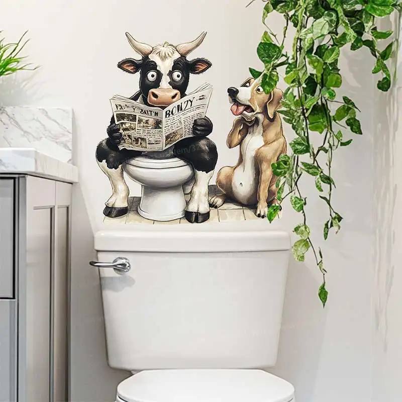 Creative Puppy Cow Reading Newspaper Toilet Sticker Bathroom Toilet Cover Sticker Animal Home BathRoom Decoration Decals S531