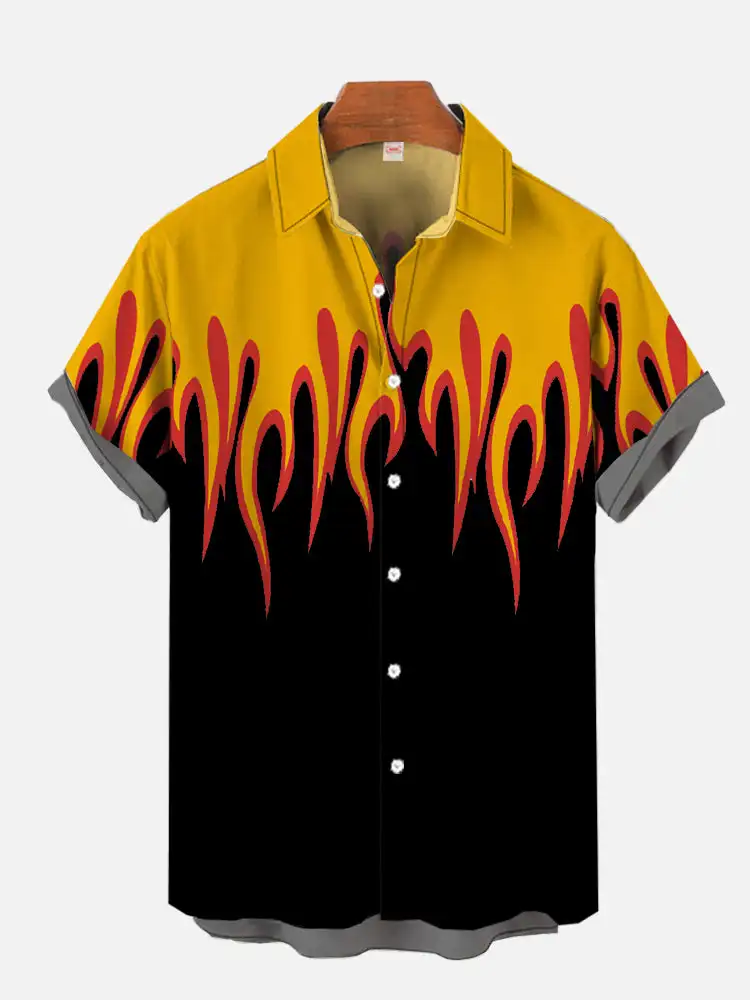 Camisa havaiana estampada em chama 3D masculina, manga curta, lapela, com botões, casual, praia, férias, moda, verão Camisa havaiana estampada em chama 3D masculina, manga curta, lapela, com botões, casual, praia, férias, moda, verão