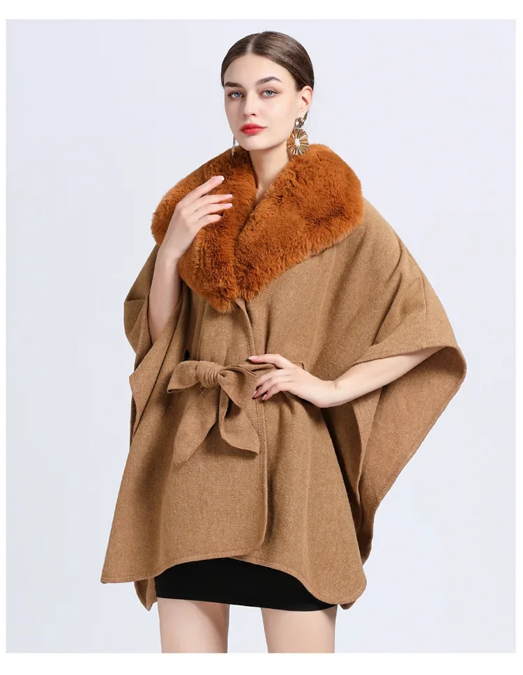Description Picture 5 of item5 Colors Women Cardigan Triangle Neck Belt Out Streetwear Loose Cloak Winter Warm Woolen Poncho Cappa Faux Rabbit Fur Shawl Coat