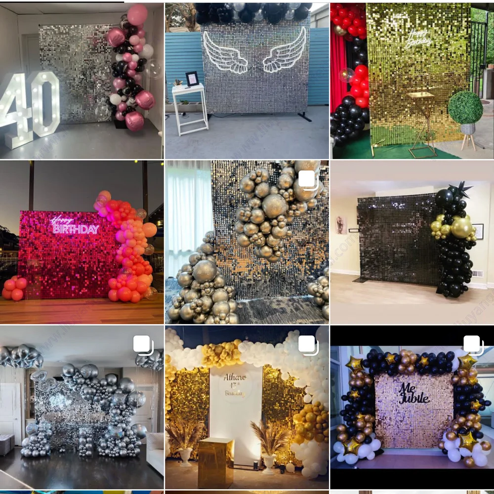 

12pc Shimmer Wall Backdrop Sequin Art Backgroud Pink Wedding Birthday Party Decoration Snap Panel Event Black Flower Tile Silver