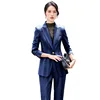 Women Blazer Pants Sets Yellow Two Pieces 2024 Autumn Workwear Trousers Formal Striped Navy Blue Long Sleeve Tops Pantsuit 2