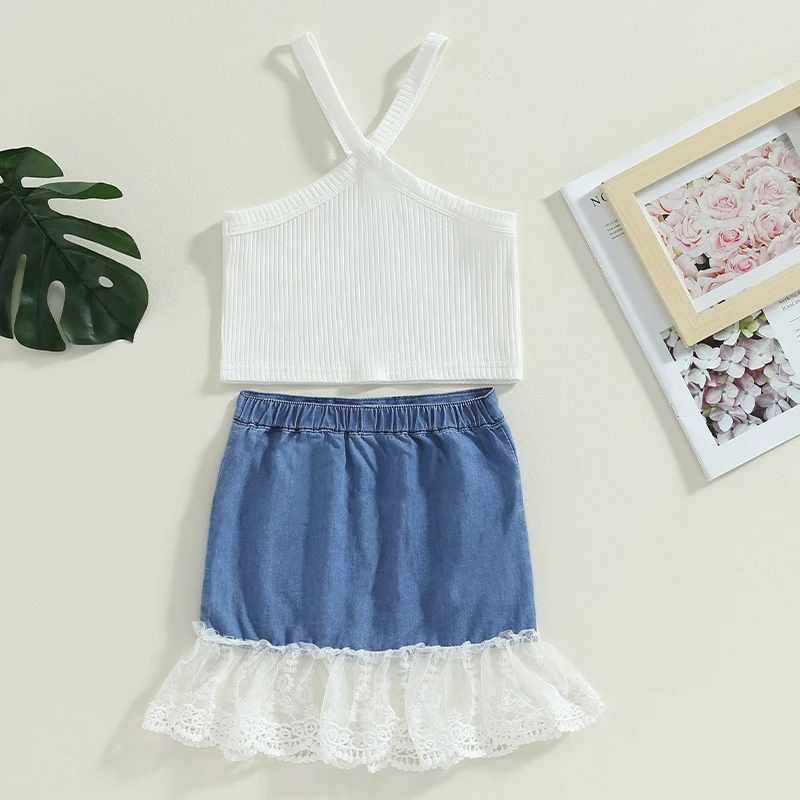 

Listenwind 3-8Y Kids Girl Summer Two Piece Outfit Sleeveless Camisole Tops and Lace Hem Elastic Denim Skirt Set for Toddler