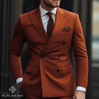 New 2 pcs Double-breasted Suit Set Men's Slim-fit Young Men Blazer Jacket Dress Suits Pants Ensemble Wedding Ball Reunion Attire