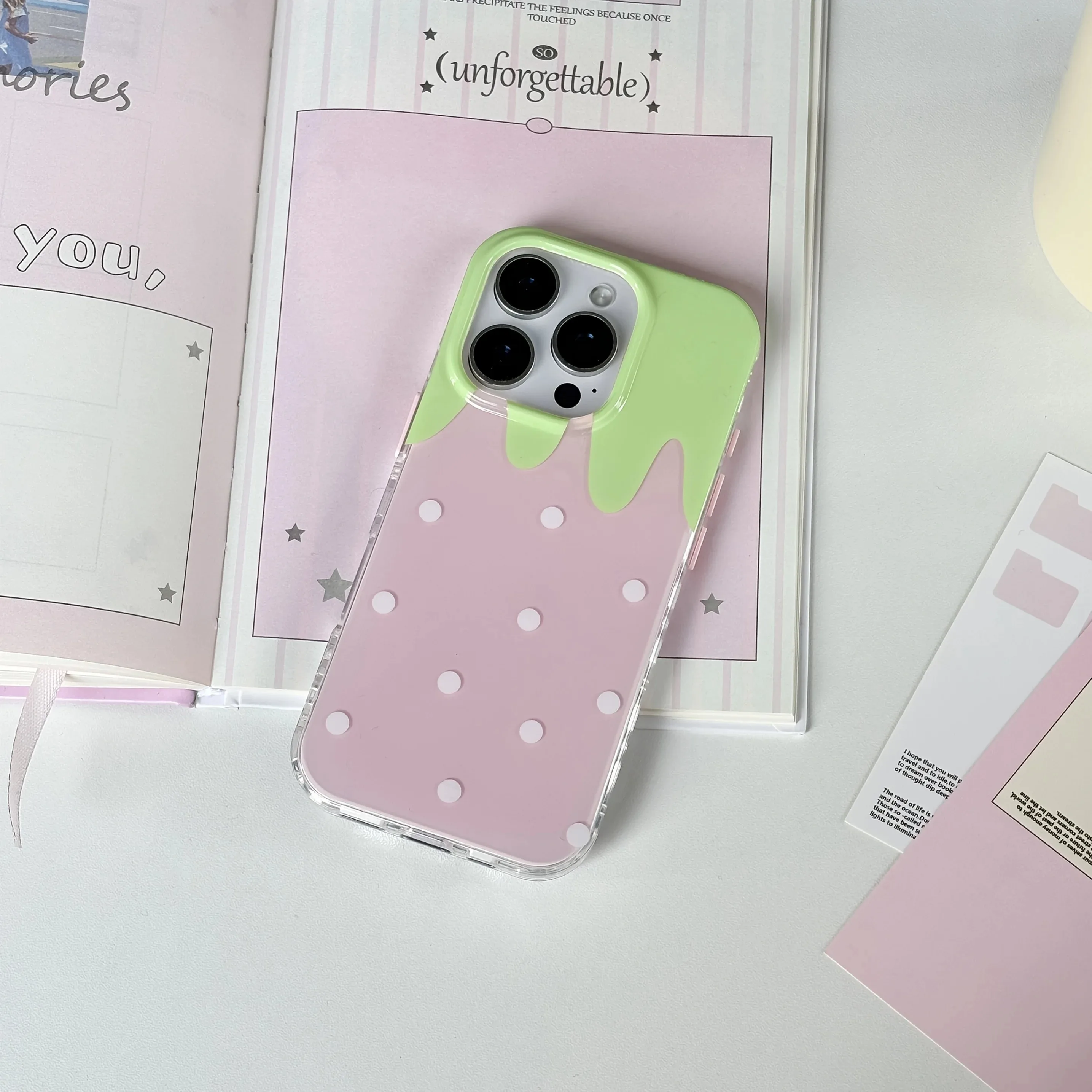 Pink Strawberry White Dot Feather Texture Phone Case