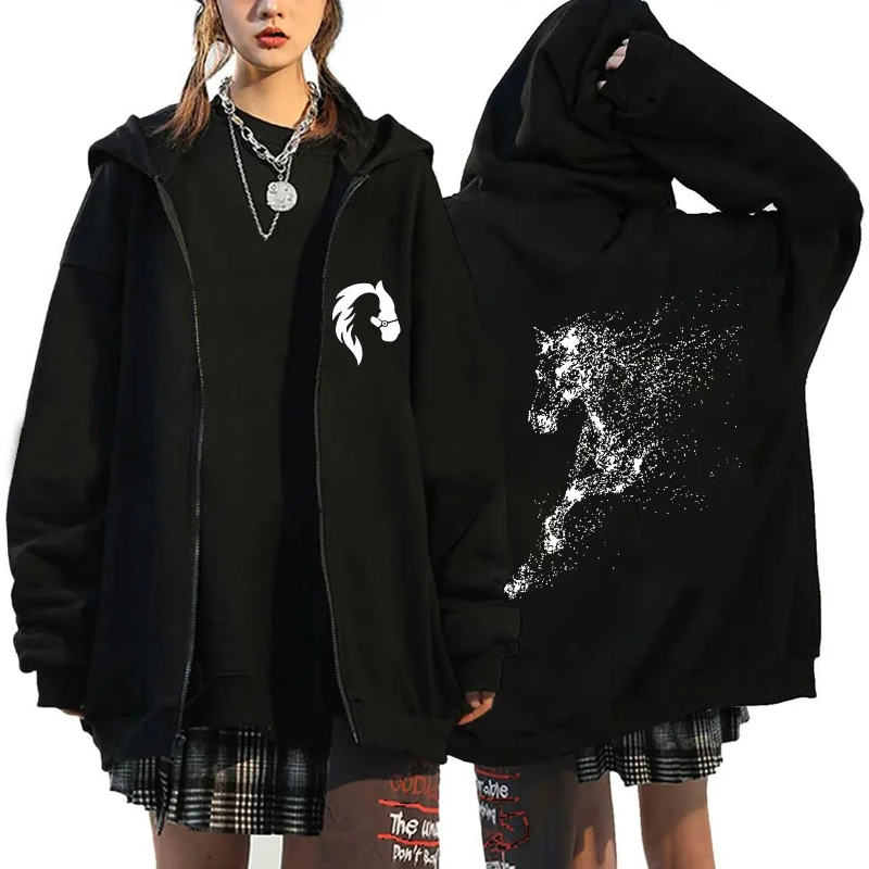 Lustiger Pferde-Print Reißverschluss-Sweatshirt Harajuku Übergroßer Langarm-Hoodie Mäntel für Pferdeliebhaber Reißverschluss-Streetwear-Oberteile – Detail 6
