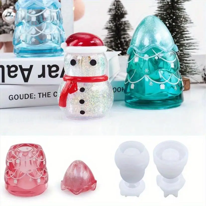 1 Set DIY Christmas Snowman Crystal Epoxy Resin Mold Christmas Tree Storage Jar Bottle Silicone Mold