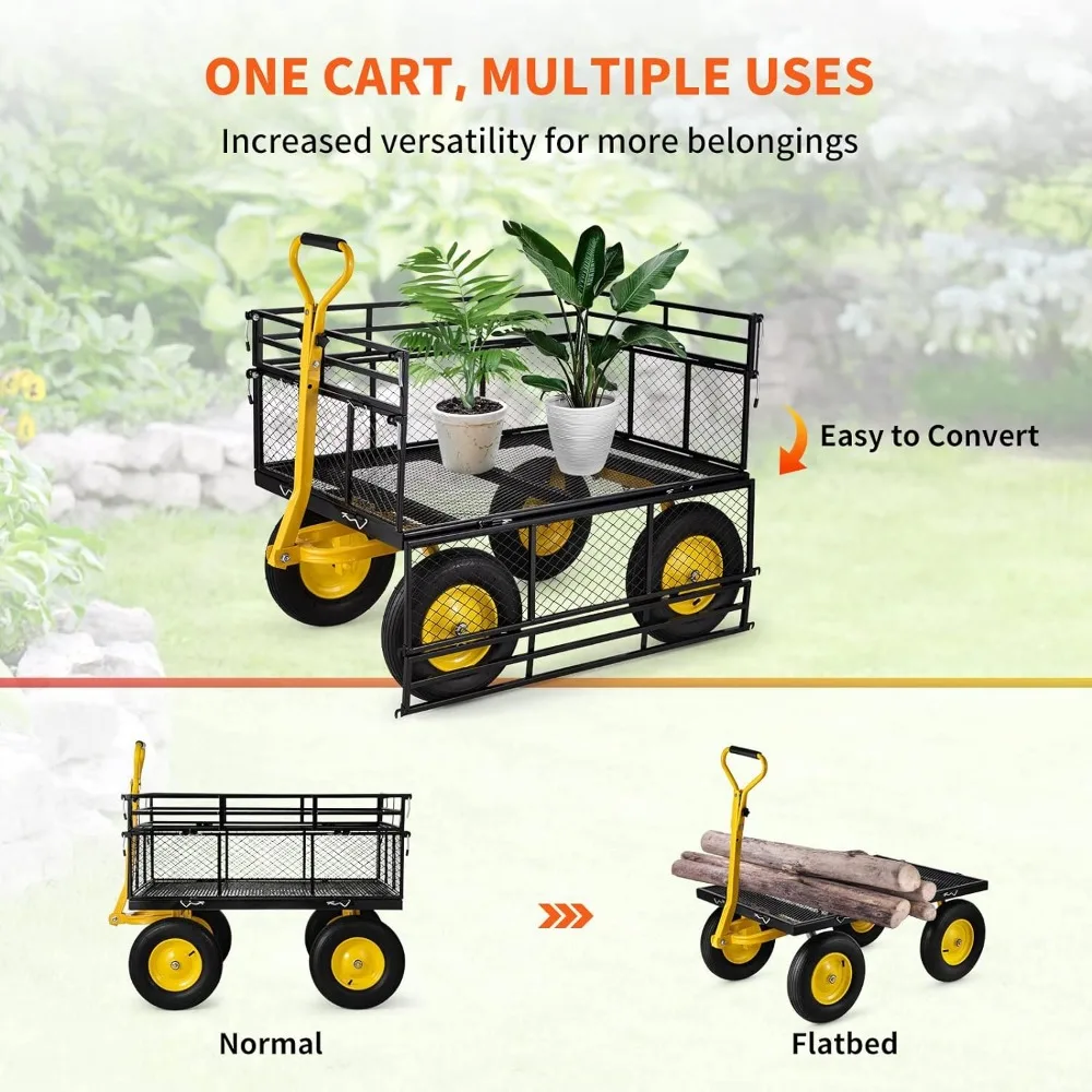 VEVOR Steel Garden Cart, Heavy Duty 1400 lbs Capacity, with Removable Mesh Sides to Convert into Flatbed, Utility Metaln