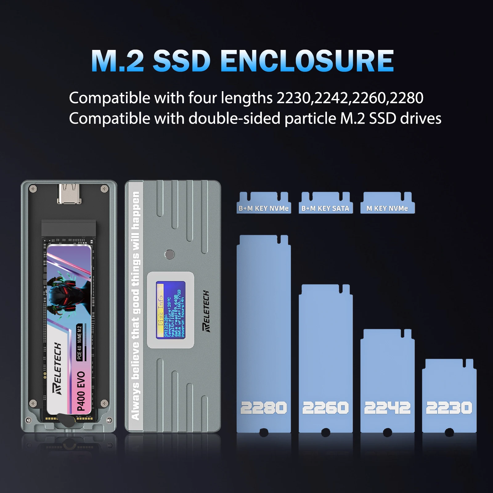 Reletech M.2 NVMe SSD Enclosure,USB 3.2 Gen 2 10Gbps, External M2 Solid State Drive Adapter Case