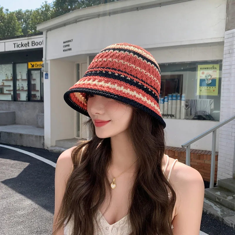 Colorful Stripe Knitted Bowl Hats for Women's Casual Versatile Korean Decoration Foldable Sun Visor Hat Bucket Hat sun hat,bucket hat,women bucket hat,women hat