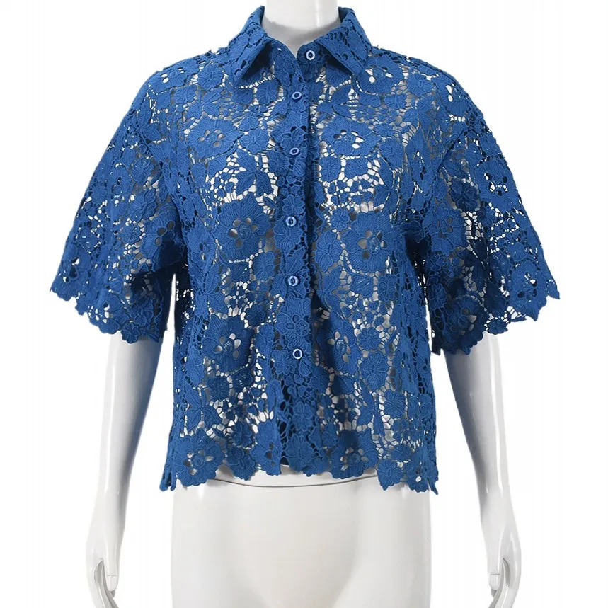 thumbnail image 1 of 2024 Nueva camisa elegante de manga corta con encaje de malla ahuecada, blusa transparente, ropa Dashiki, camisas africanas para mujeres, 1 of 5