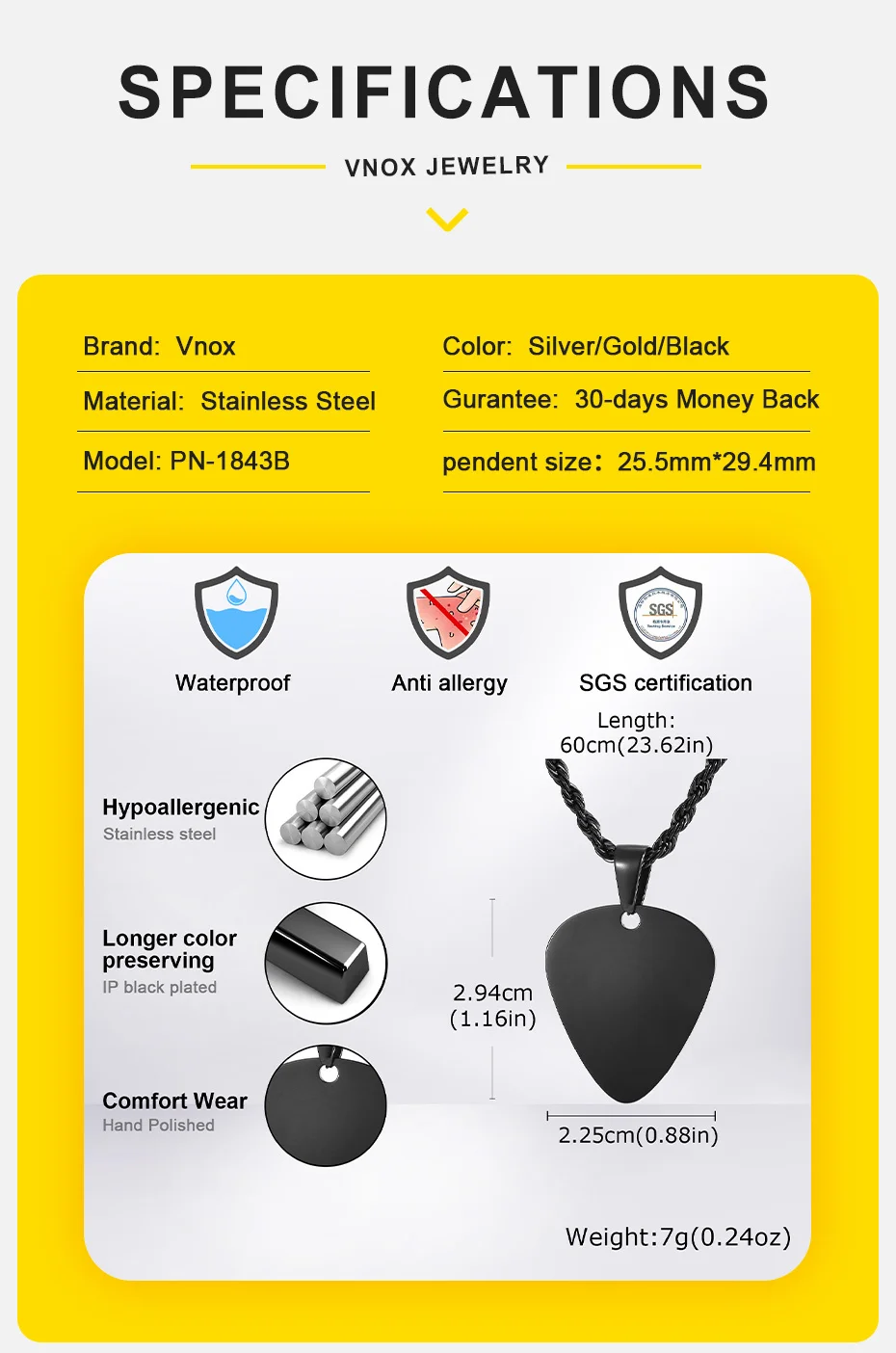 Vnox 60 cm Gitarren-Pick-Anhänger-Halskette für Männer, Edelstahl, Schwarz, Gold, Silber, Farbe, gedrehte Kette, Punk-Schmuck, Geburtstagsgeschenk – Detail 5