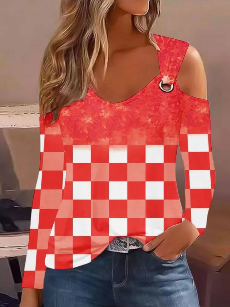 

T Shirt For Women Long Sleeve Sexy Off Shoulder Print Casual Tees Elegant Shirts & Blouses Fashion Y2k Top Korean Style Clothes