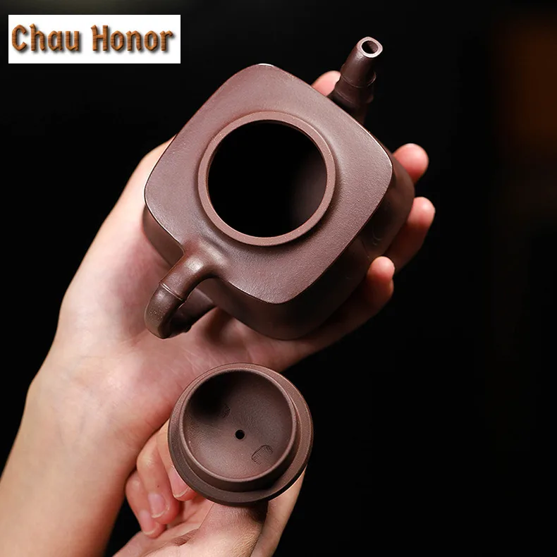 220ml Yixing Purple Clay Teapots Famous Artists Handmade Bamboo Joint Square Pot Raw Ore Mud Kettle Zisha Tea Set Ornaments Gift