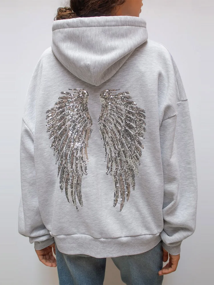 Sequin Angel's Wings Hoodies Women Chic Loose Long Sleeve Pullovers Top Slim Yoga Pant Set 2025 New Casual Lady Two Piece Sets