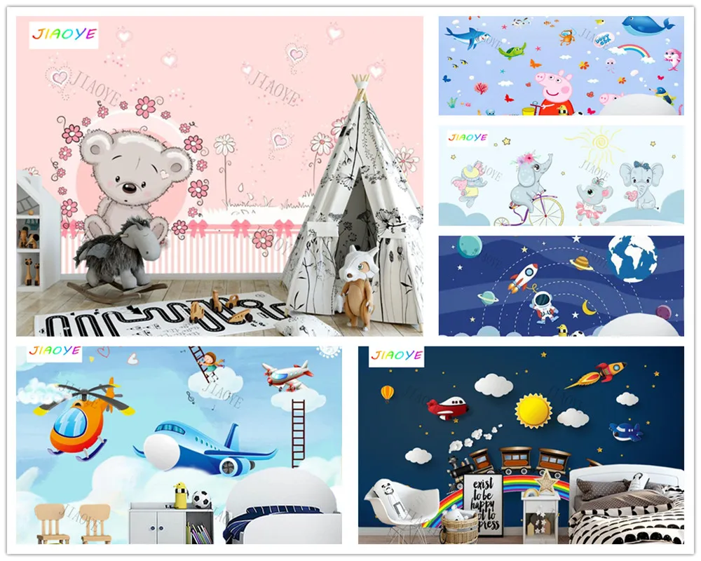 Custom Cartoon rocket animal plane Kids Room Wallpaper Mural Living Room TV Wall children Bedroom Wallpaper Home Decor sticker