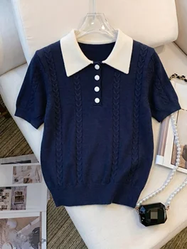 Maglione Pullover Estivo da Donna con Colletto a Polo, Lavorazione a Trecce, Bottoni, Maniche Corte, Elasticizzato, Stile Preppy, Blu Navy