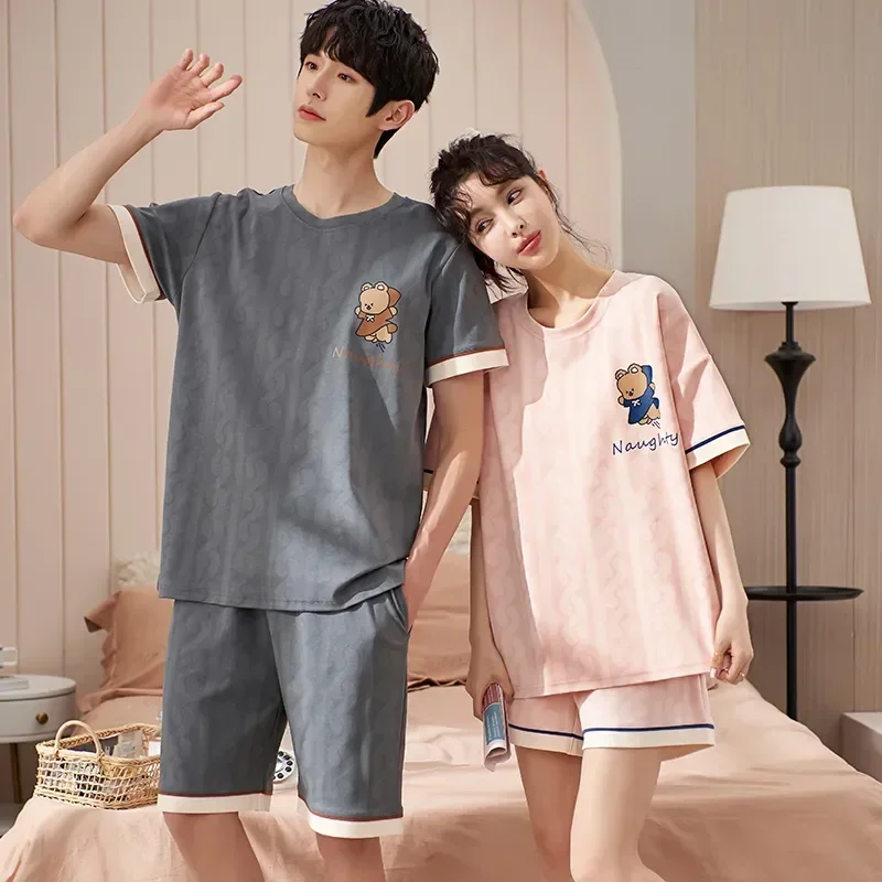 

Пижама короткая Pjs для женщин и пар, домашняя хлопковая одежда для сна, мультяшная Пижама, повседневная мужская одежда для сна с принтом, комплект с рукавами