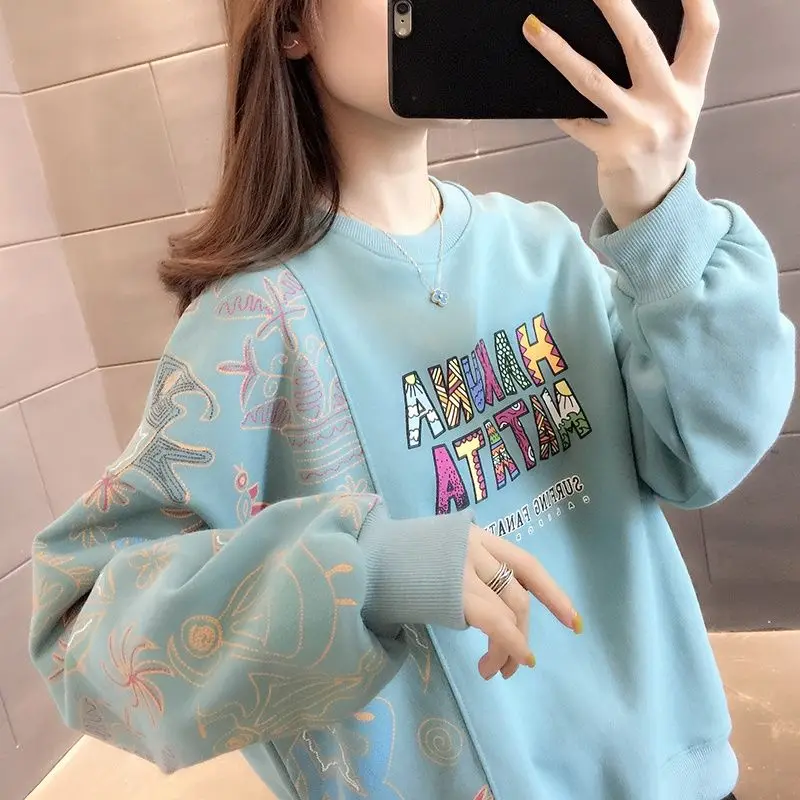 Loose Korean Printed Spliced Sweatshirts for Female Autumn Winter Thick Casual All-match Long Sleeve Pullovers Women's Clothing
