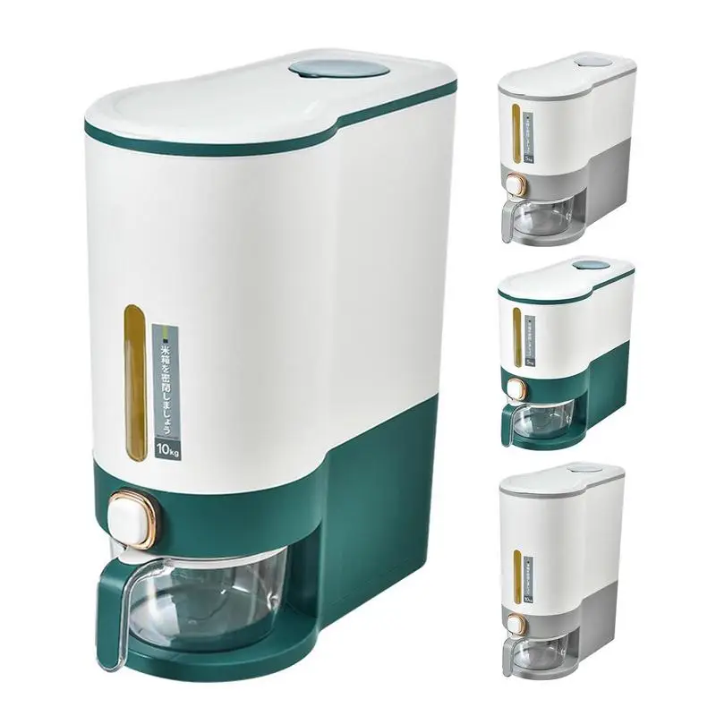 

Insect Proof Rice Dispenser With Measuring Cup Sealed Dry Cereal Grain Bucket Press Type Household Rice Box Grain Sealed Jar