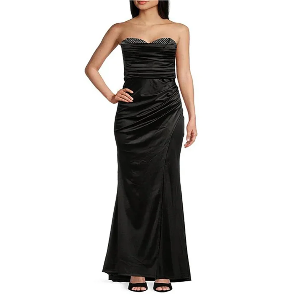 

Hot Selling Strapless Rhinestone Pleated Bodice Evening Dress Elegant Open Back Zipper Side Slit Floor Length Sweep Train Gown