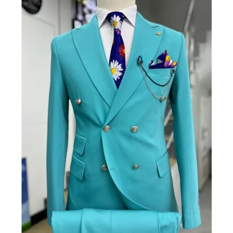 Double Breasted Formal Men Suits Slim Fit 2 Pieces Groom Tuxedos for Wedding Peaked Lapel Custom Male Blazer Prom Daily Wear