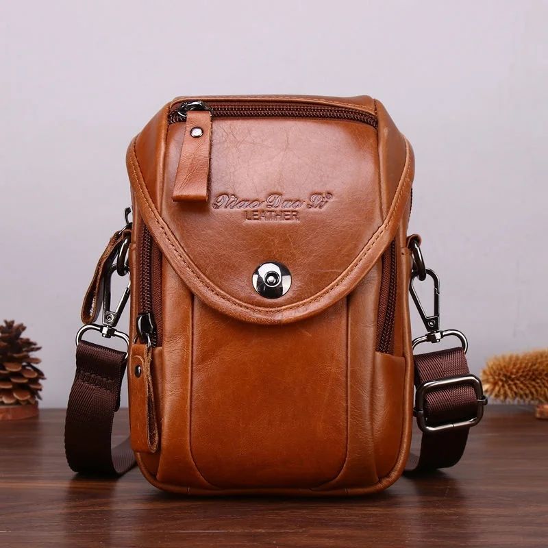 

Vintage Genuine Leather Men's Crossbody Bag Cowhide MultiFunction Shoulder Messenger Bag Fashion Phone Bag Male Belt Pouch