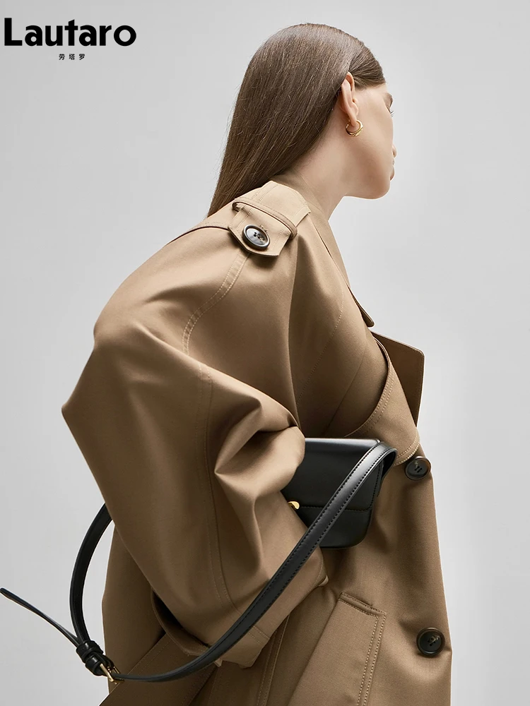 Lautaro Spring Autumn Oversized Khaki Long Grey Trench Coat for Women Double Breasted Loose Casual Korean Fashion Overcoat 2024 5