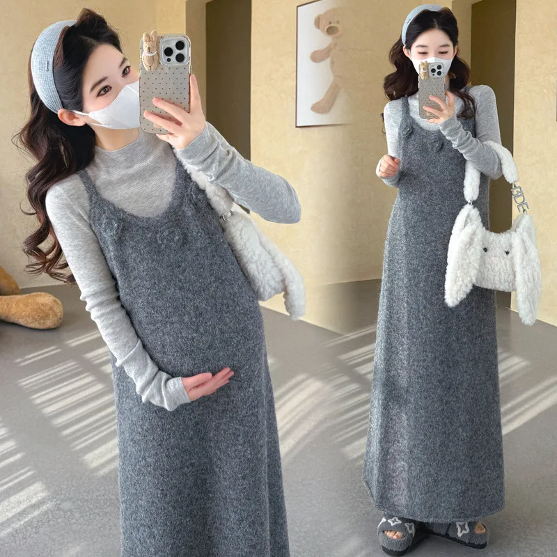 임산부용 가을 겨울 니트 스파게티 스트랩 맥시 드레스와 긴팔 터틀넥 탑 투피스 세트