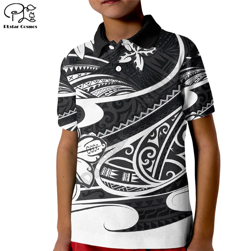

Polynesian Tribal Kid Polo Shirt Black Kid Polo Shirt Summer Short Sleeve 3D Print Polo Shirts Boys Girl Tees