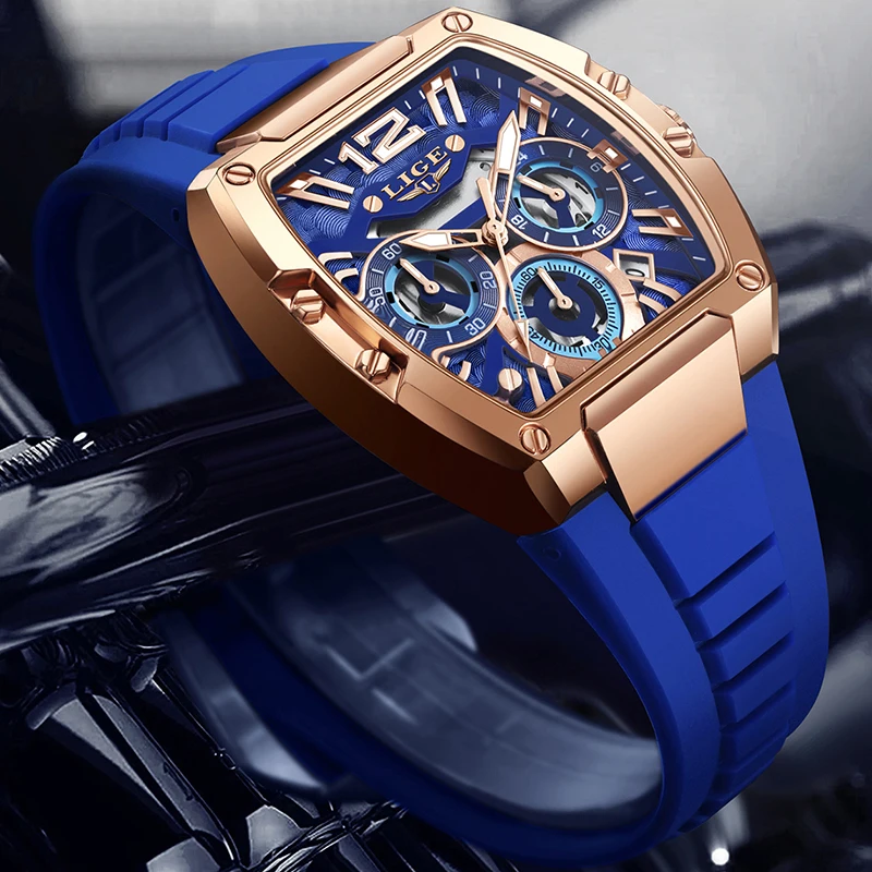 LIGE New Men Watch Top Brand Luxury Blue Silicone Big Dial Watch Men Luminous Waterproof Square Chronograph Relogios Masculino