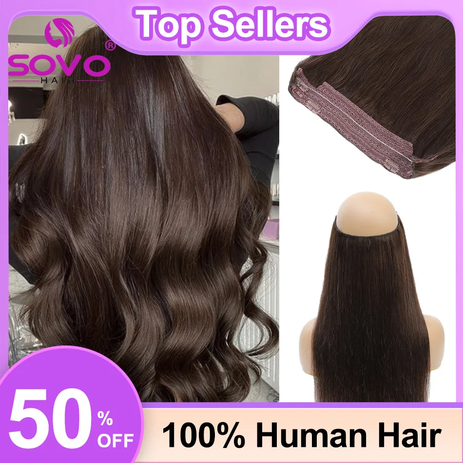 

Halo Hair Extensions 100% Human Hair 14-28 Inch Hidden Wire Clip In Hair Ombre Brown Color Human Remy Fish Line Hair Extension