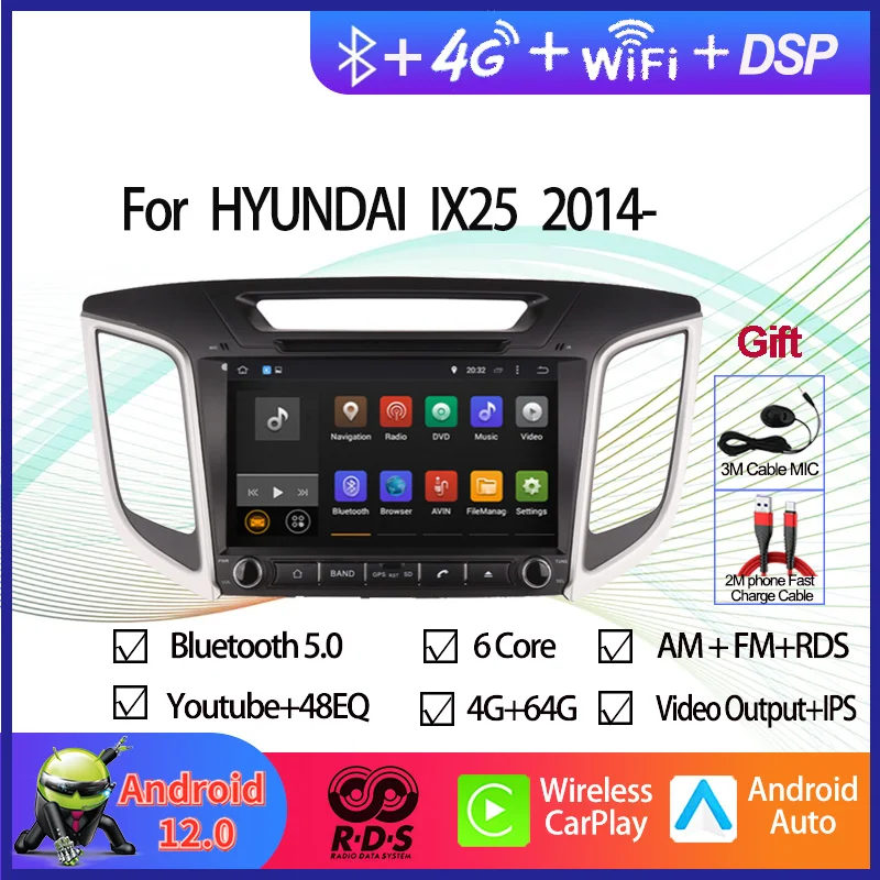 

9" Android 12 Auto Radio Stereo Multimedia Player For Hyundai Ix25 Creta 2014-2016 Car GPS Navigation Wifi OBD BT