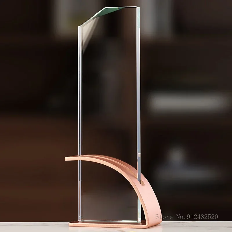 Custom Personalized Metal Geometric Shape Base Crystal Trophy, Electroplating Gold, Creative Event, Souvenir Home Decoration 1pc