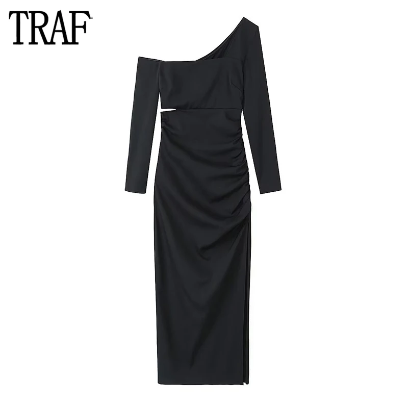 

TRAF Pleated Long Dress Woman Asymmetric Cut out Midi Dress Women Off Shoulder Prom Dresses for Women Long Sleeve Female Dress