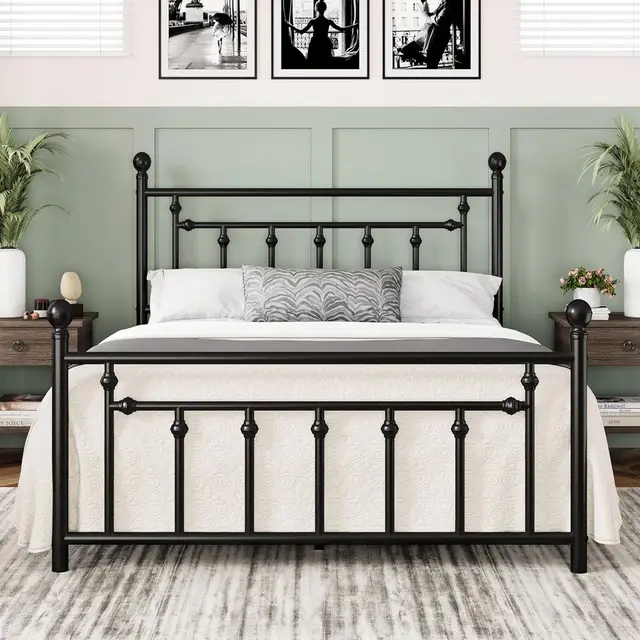 14 Inch Queen Metal Bed Frame with Vintage Headboard, Footboard, Underbed Storage, No Box Spring Needed, Easy Assembly, Black