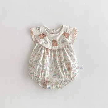 6076 Newborn Clothes 2025 Summer Korean Cute Little Bear Embroidery Collar Girl's One Piece Clothes