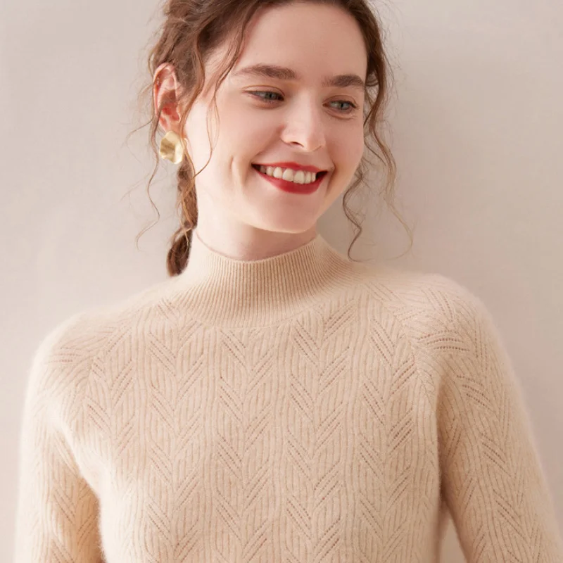

Fall/Winter 2023 New 100% Pure Sweater Women's Semi-High-Necked Long-Sleeved Pullover Sweater Knitted Leisure Warm Bottom Shirt
