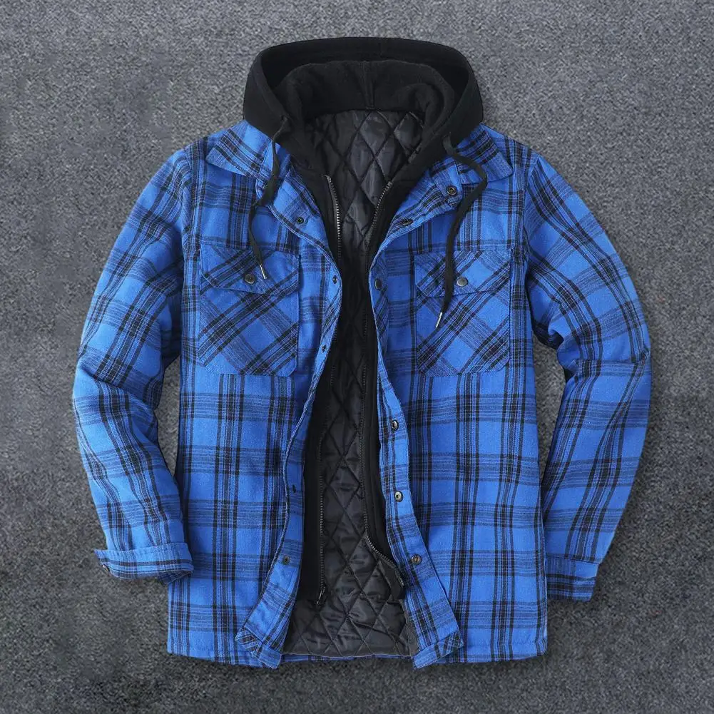 

Long-sleeved Jacket Plaid Print Hooded Men's Winter Jacket with Drawstring Pockets Zipper Closure Stylish Warm Versatile Winter