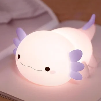 Luce notturna per bambini, simpatica lampada Axolotl viola, luce notturna a LED Squishy per la scuola materna, lampada da comodino per animali novità in silicone morbido