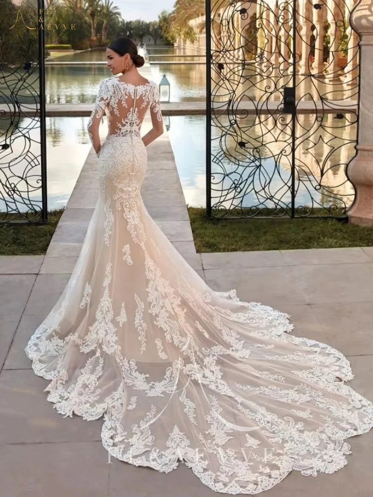 Boho Sheer Mermaid Wedding Dress Classic Lace Appliques Long Sleeves Elegant Bridal Gown Wedding Party wedding dresses