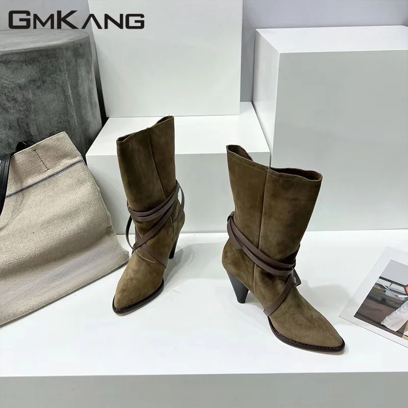 New High Heel Knee Length Short Boots Women's Cross Lacing Pointed Short Boots Women's High Quality Velvet Modern Long Boots Wom