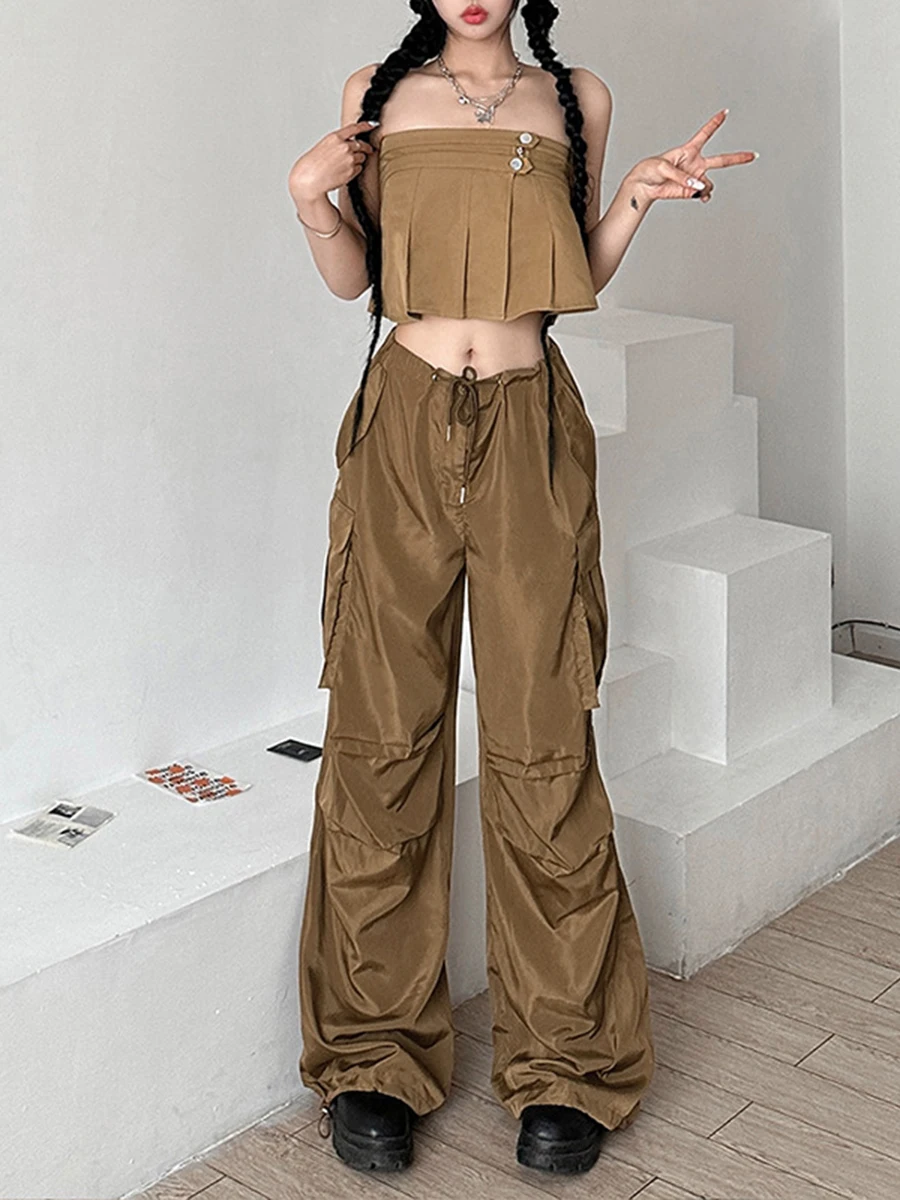 

Newest Arrival Women's Spring Summer Casual Cargo Pants Brown Drawstring Multi-pockets Wide Leg Pants