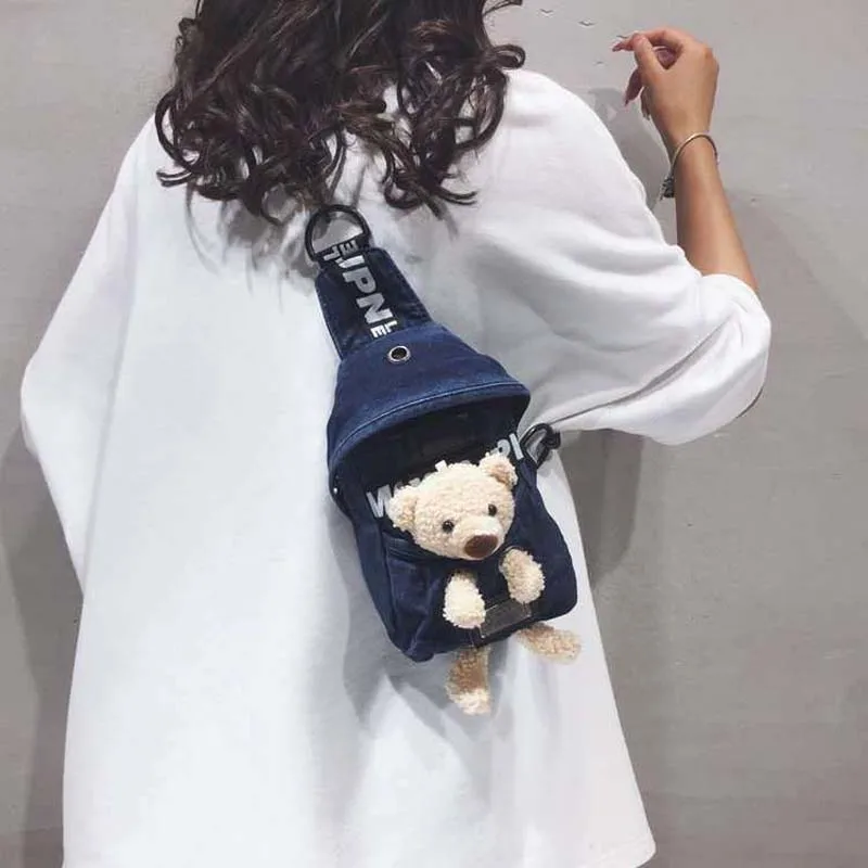 Cute bear canvas shoulder bag with adjustable strap, plush bear accent, and casual design for girls, women, and kids