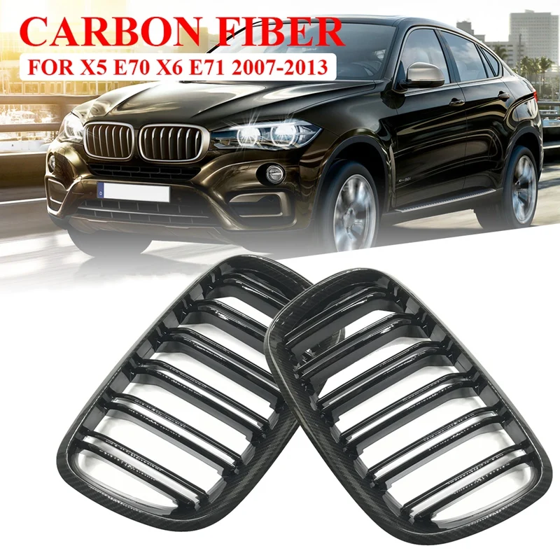 

Carbon Fiber Front Bumper Kidney Grille Double Slat Front Mesh Grill For-BMW X5 X6 E70 E71 2007-2013