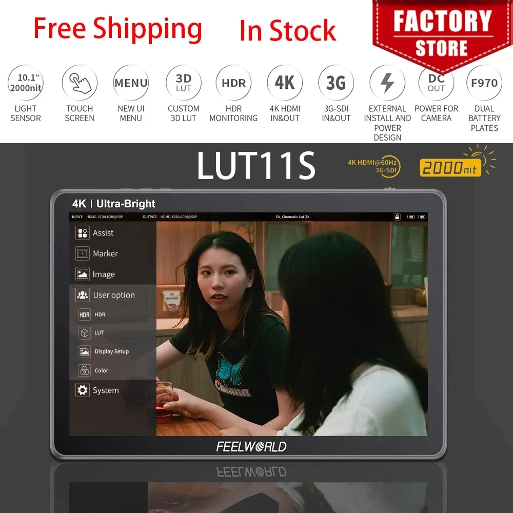 

FEELWORLD LUT11S 10.1'' 2000nit IPS Touch Screen 3DLUT 3G-SDI HDMI DSLR Camera Monitor Suitable for Outdoor with F970 External