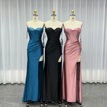 YQLNNE 04 Vintage High Slit Corest Long Prom Dresses With Bone Lace Up Back Mermaid Dress For Women