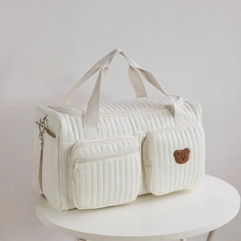 Baby Diaper Bag Cute Bear Flower Embroidery Pattern Mommy Bag Baby Beige Cotton Fabric Zipper Diaper Handbag New Luggage Bag